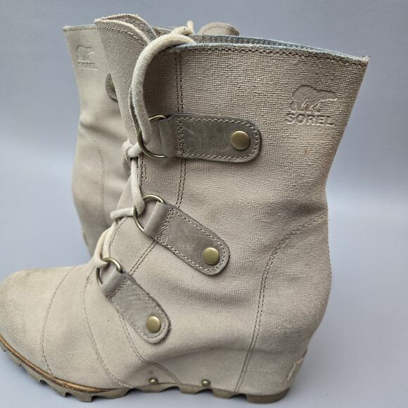 Sorel Joan of Arctic Wedge II Linen Soft Taupe Leather Mid Ankle Booties Size 8 - Picture 4 of 16
